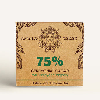 Ceremonial Cacao 75 %,  Marayoor Jaggery - 25% and nothing else! Untempered Cacao Bar